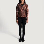 Close-Up Detail of Notch &amp; Zipper Hardware on Women's Rumy Maroon Leather Biker Jacket