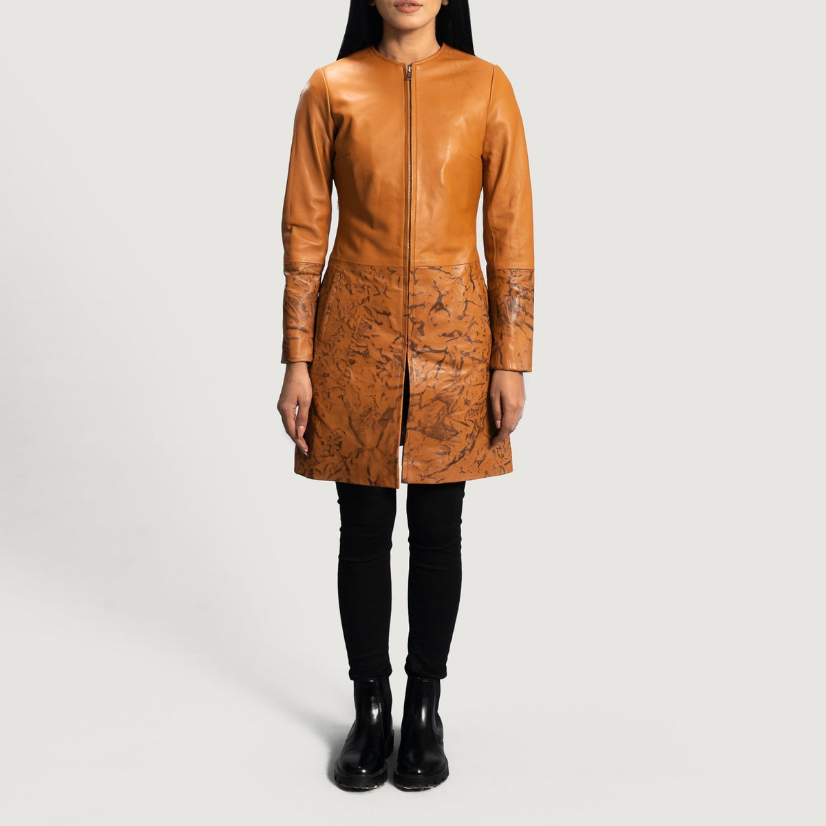 Close-Up Detail of Classic Collar &amp; Zipper Hardware on Women's Sandy Tan Dye Leather Coat