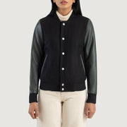 
Крупный план деталей of Varsity & Snap Buttons Hardware on Savant Green Hybrid Varsity Jacket