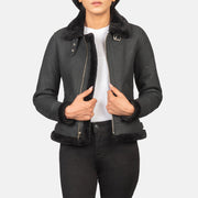 
Sherilyn B-3 Distressed Black Leather Bomber Jacket in Distressed Black Sheepskin Snuffed - Вид спереди и приталенный силуэт | Купить в официальном онлайн-магазине