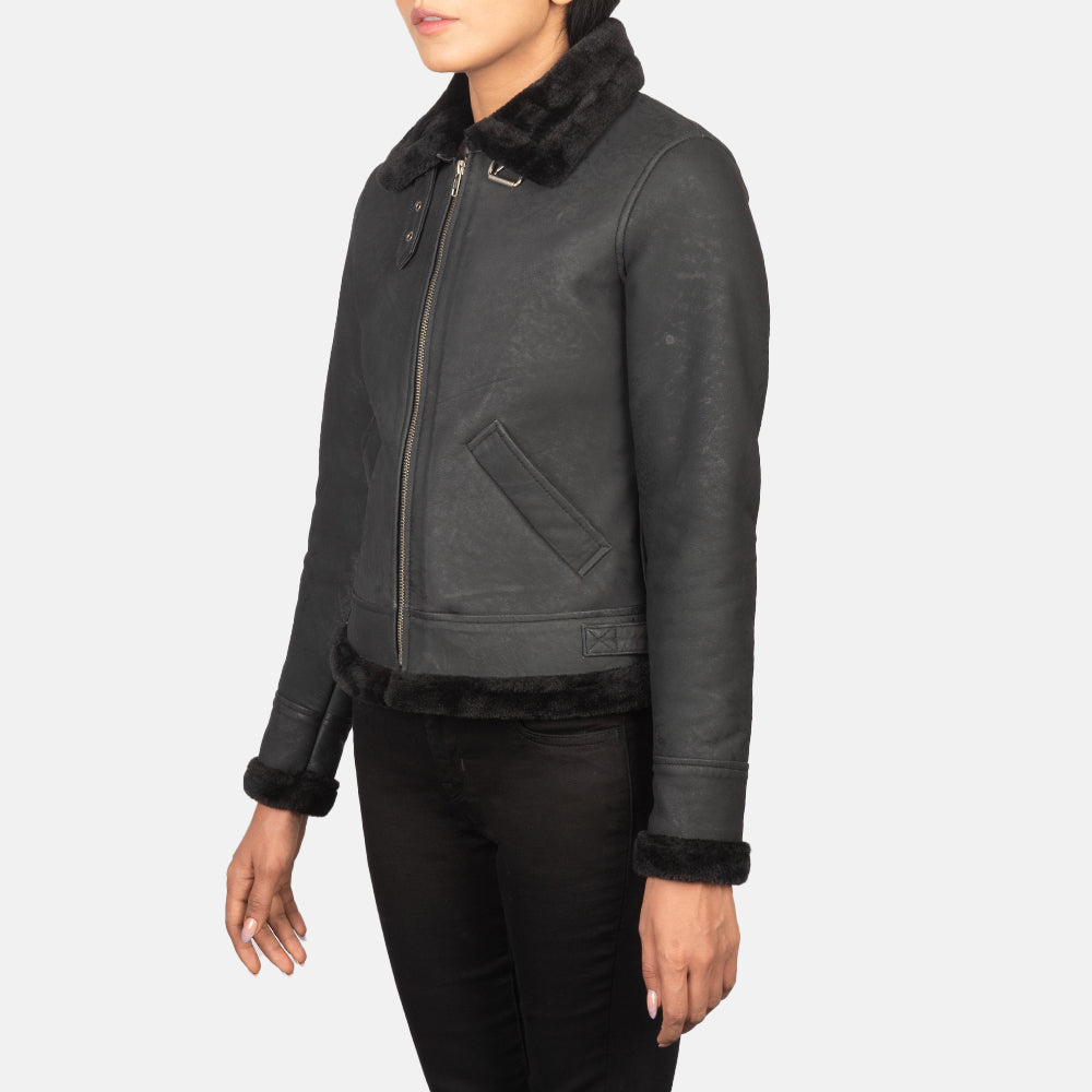 
Distressed Black Sheepskin Snuffed Bomber Jacket - Вид сзади, подчеркивающий посадку по плечам и ровный край