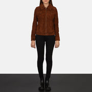 
Крупный план рубашечного воротника и металлической молнии на Suzy Brown Suede Trucker Jacket