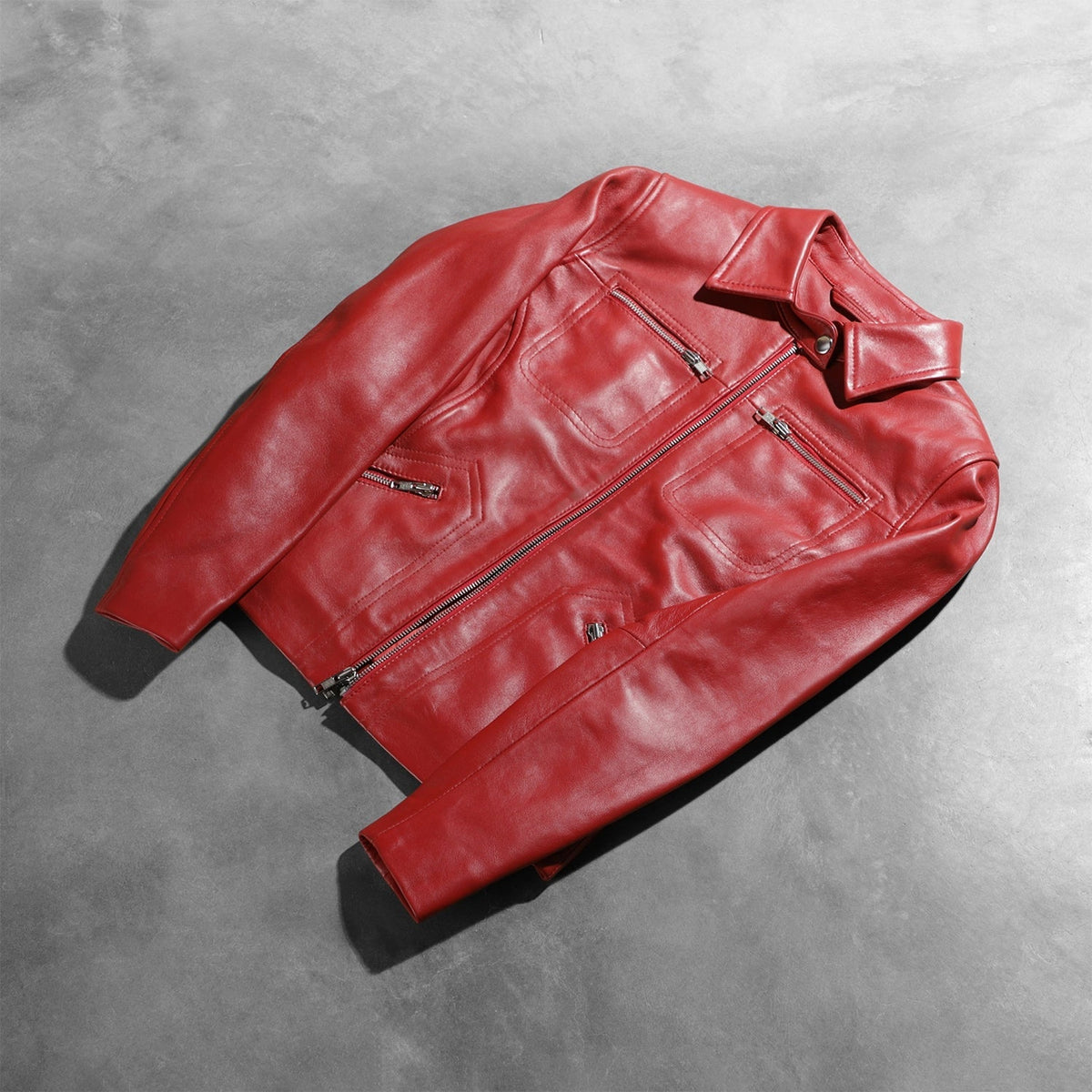 Styled Fit Perspective of Women's Tomachi Red Leather Jacket on Model - Natural Daylight Drape