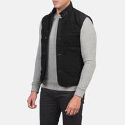 
Black Goatskin Suede Leather Vest - Вид сзади, подчеркивающий посадку по плечам и ровный край