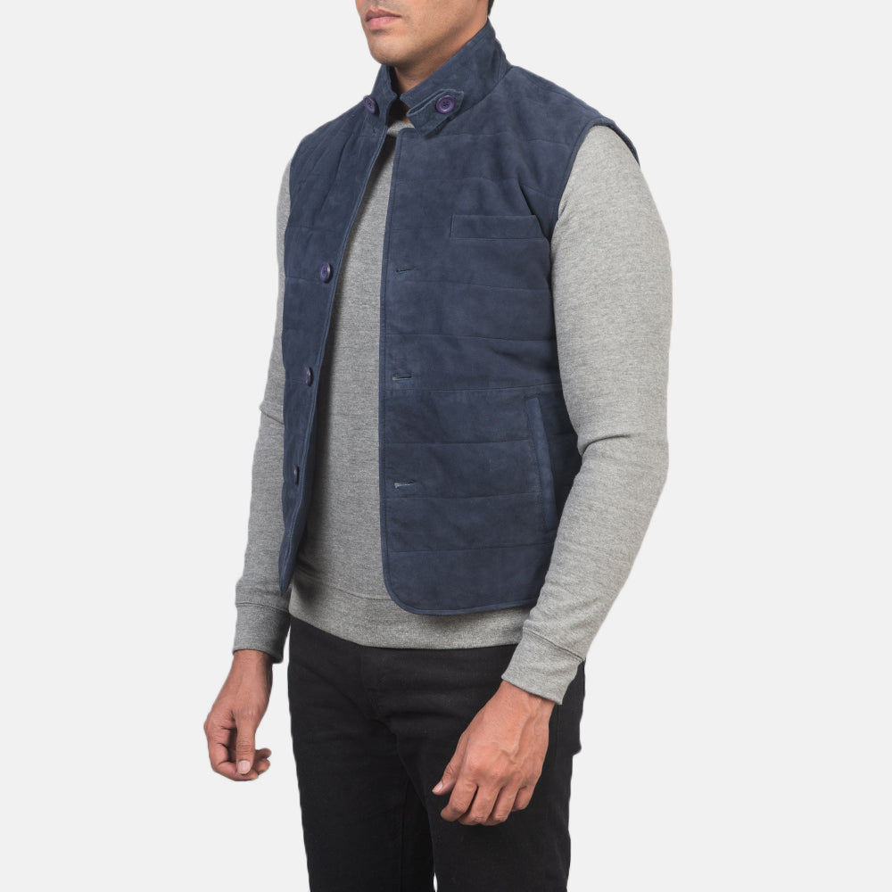 
Blue Goatskin Suede Leather Vest - Вид сзади, подчеркивающий посадку по плечам и ровный край