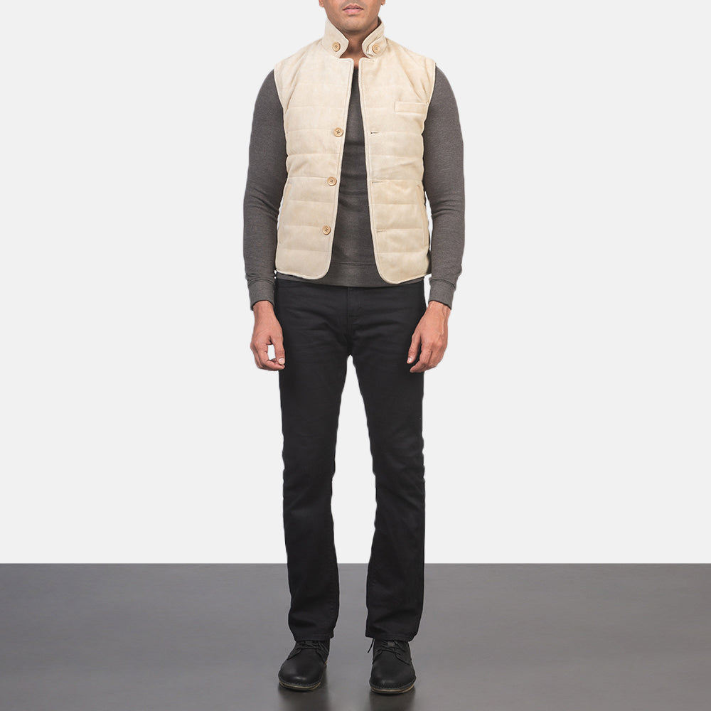 Men's Tony Off-White Suede Vest - Lateral Side Profile View Showing Sleeve Cut & Athletic Taper Fit