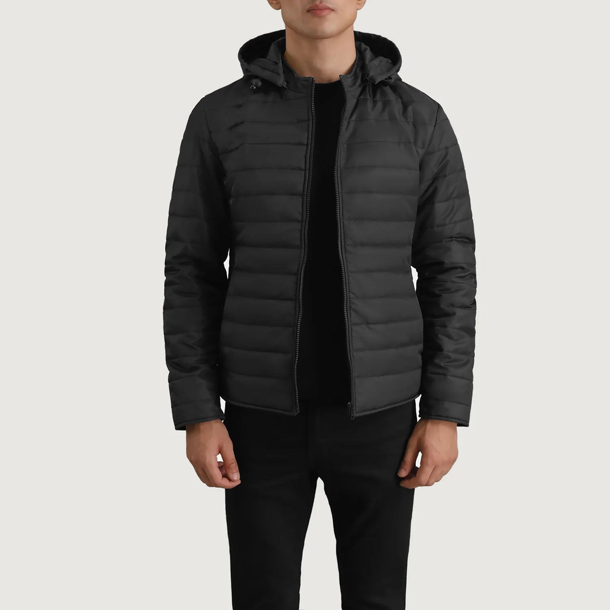 Tyler Black Hooded Puffer Jacket in Black Full-Grain Leather - Front Profile View &amp; Tailored Silhouette | Buy Online