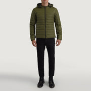 
Tyler Оливковый Hooded Puffer Кожаная куртка для Мужчин - Вид сбоку, демонстрирующий эргономичный крой рукава
