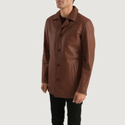 
Brown Cowhide leather Coat - Вид сзади, подчеркивающий посадку по плечам и ровный край