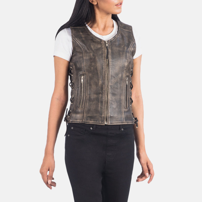Vanda Distressed Коричневая Leather Biker Vest женская