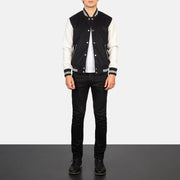 Men's Vaxton Black &amp; White Hybrid Varsity Jacket - Lateral Side Profile View Showing Sleeve Cut &amp; Athletic Taper Fit