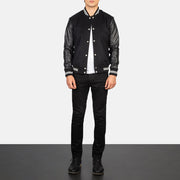 Men's Vaxton Black Striped Hybrid Varsity Jacket - Lateral Side Profile View Showing Sleeve Cut &amp; Athletic Taper Fit