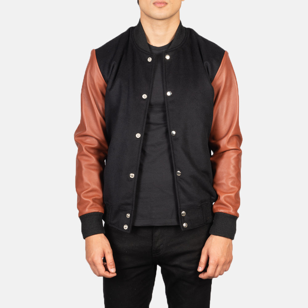 Men's Vaxton Brown Hybrid Varsity Jacket in Black &amp; Brown Sheepskin Leather - Front Profile View &amp; Tailored Silhouette | Buy Online