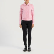 Women's Vixen Pink Classic Collar Leather Jacket - Lateral Side Profile View Showing Sleeve Cut &amp; Athletic Taper Fit