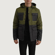 
Wayne Черный & Оливковый Hooded Puffer Кожаная куртка для Мужчин in Black + Green Full-Grain Leather - Вид спереди и приталенный силуэт | Купить в официальном онлайн-магазине