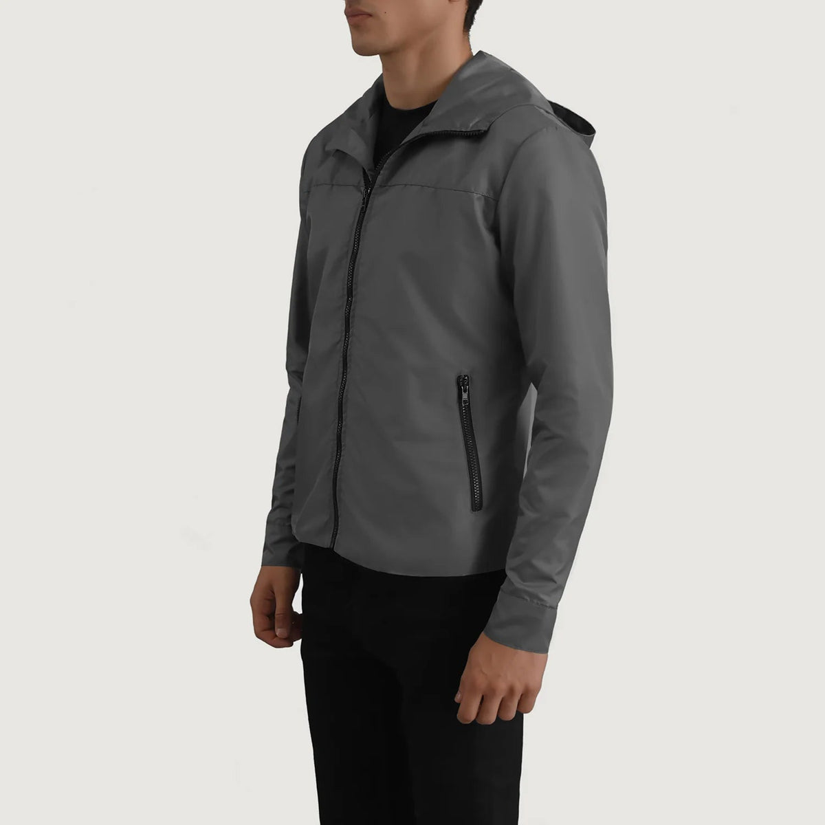 
Grey Full-Grain Leather Hooded Jacket - Вид сзади, подчеркивающий посадку по плечам и ровный край