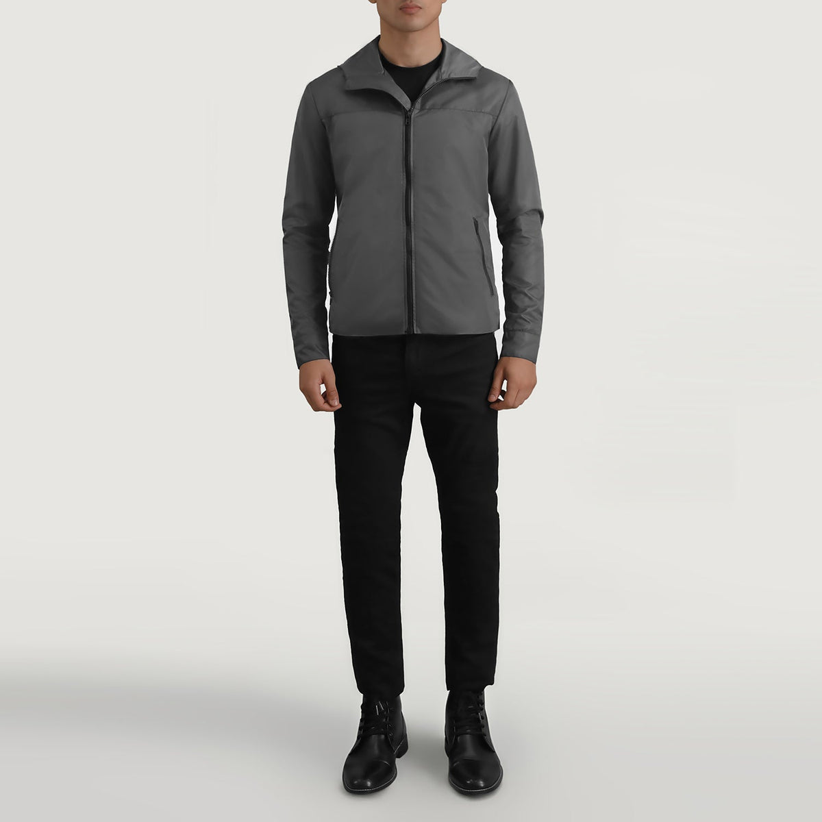 
Wesley Grey Hooded Windbreaker Кожаная куртка для Мужчин - Вид сбоку, демонстрирующий эргономичный крой рукава
