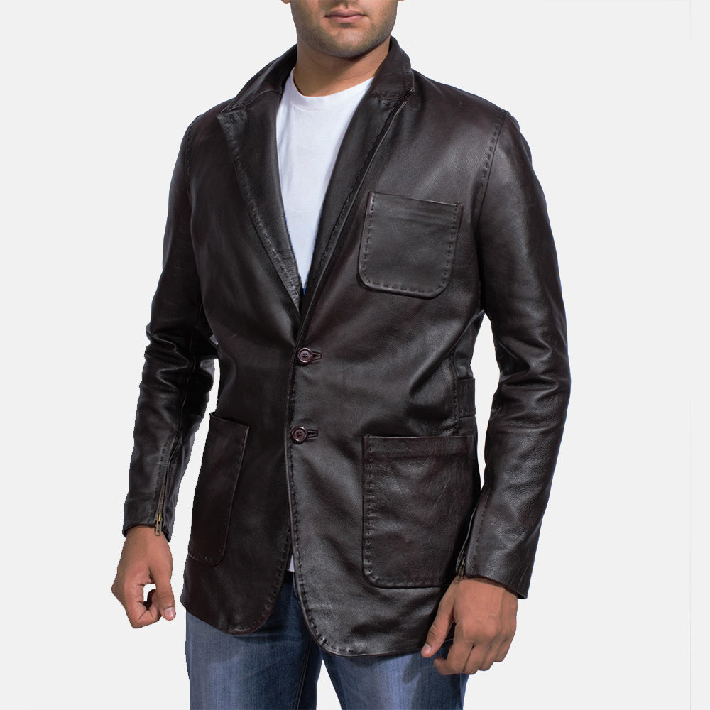 
Wine Черный Кожаный пиджак для Мужчин in Dark Brown Cow Hide Leather - Вид спереди и приталенный силуэт | Купить в официальном онлайн-магазине