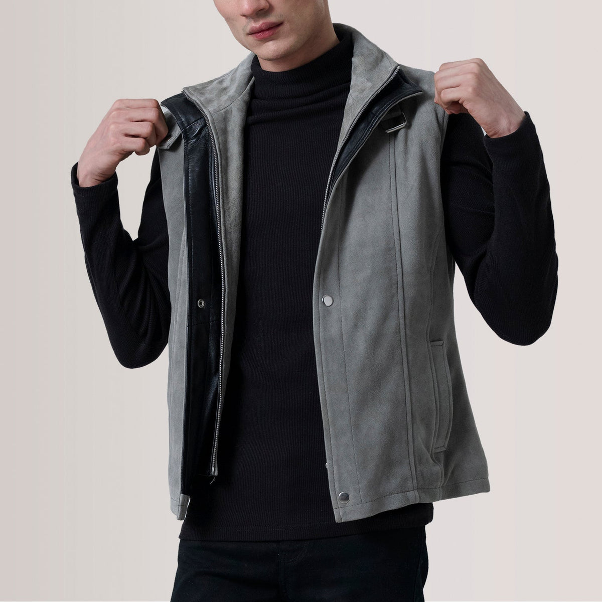 Tailored Rib Cuffs &amp; Hem Craftsmanship Construction Detail on Zane Grey Suede Vest For Men