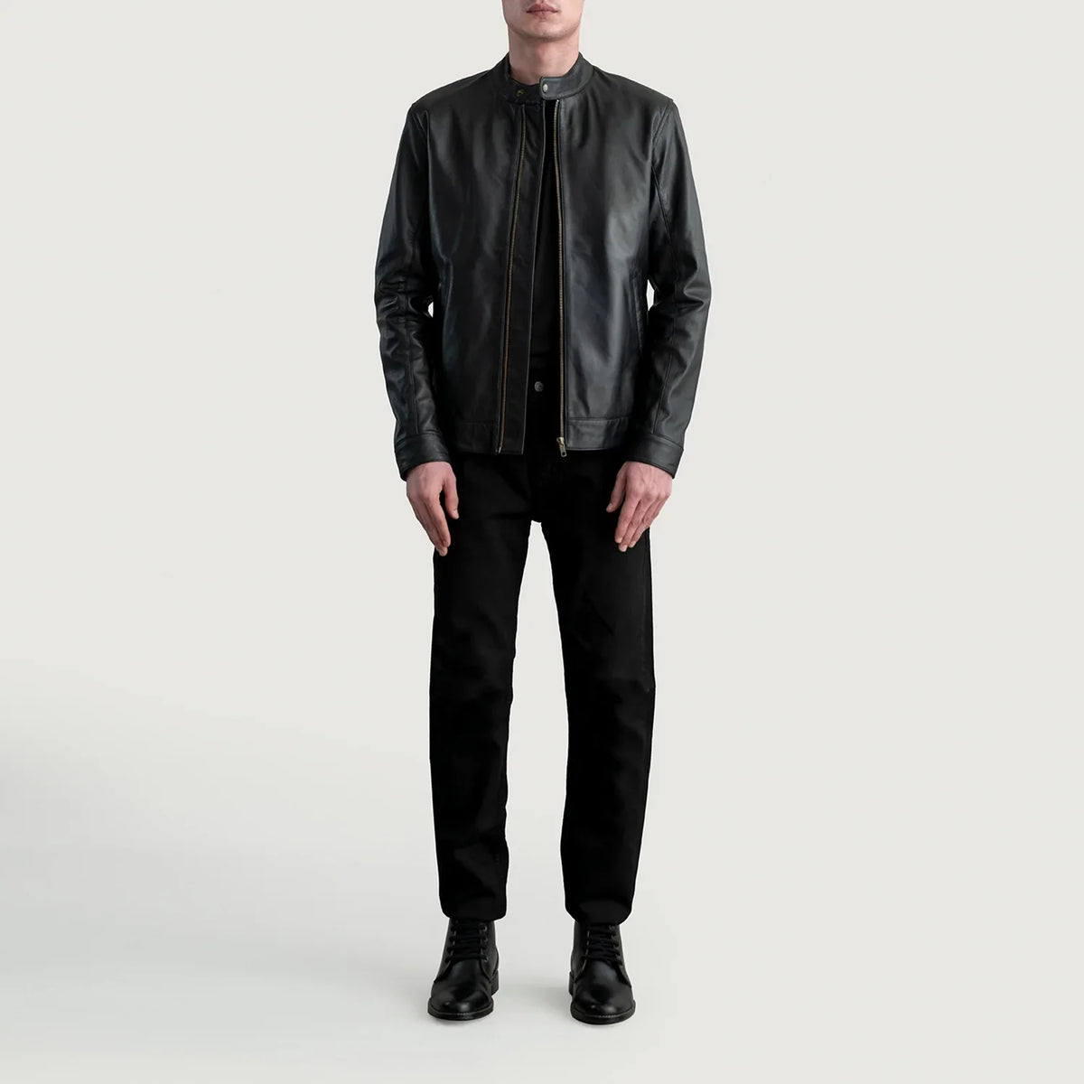 Close-Up Detail of Snap Button &amp; Zipper Hardware on Zen Black Leather Biker Jacket