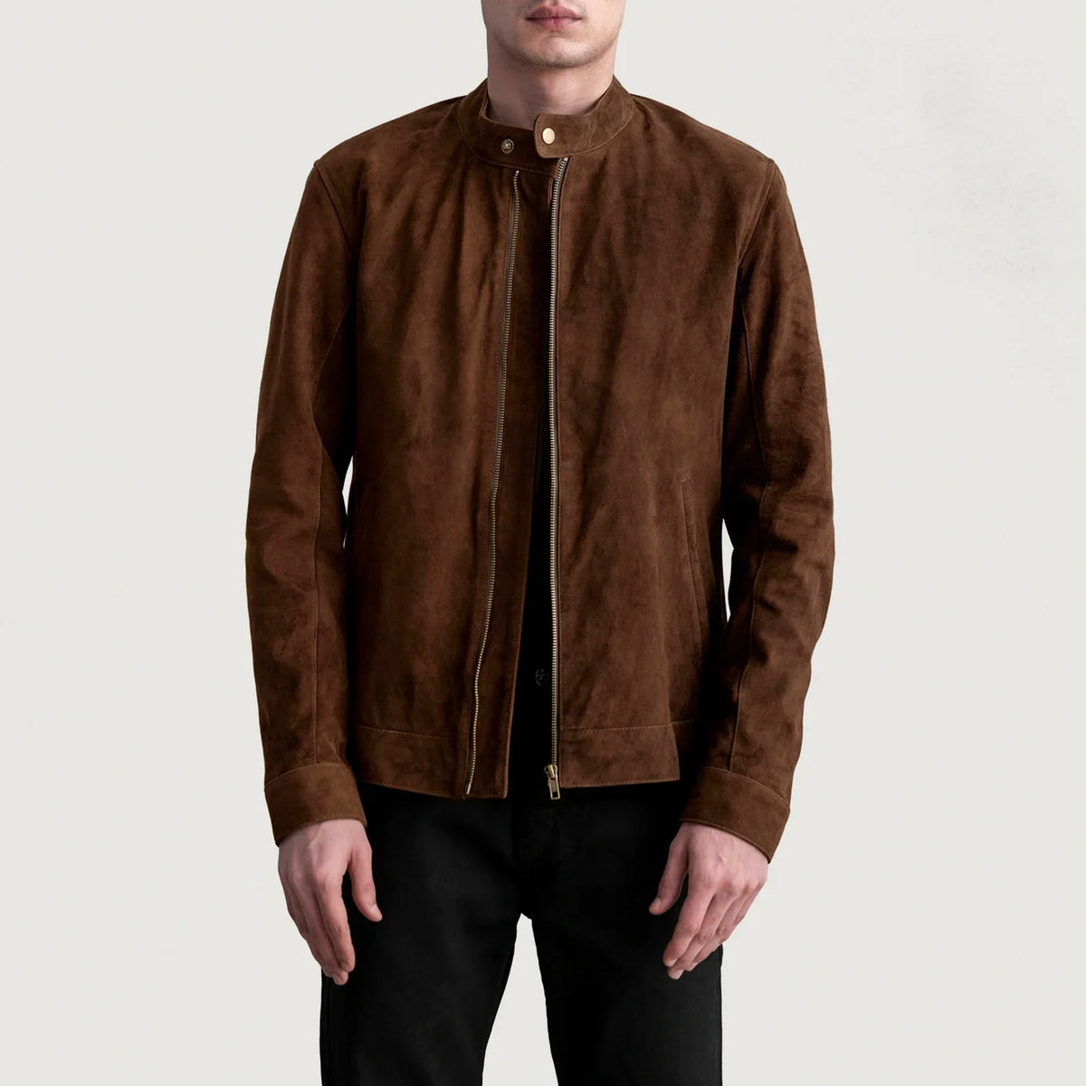 Zen Brown Suede Biker Jacket in Brown Goatskin Suede - Front Profile View &amp; Tailored Silhouette | Buy Online
