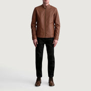 Close-Up Detail of Snap Button & Zipper Hardware on Zen Matte Brown Leather Biker Jacket